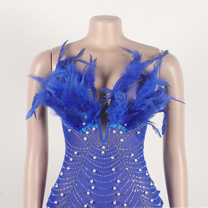 WHOLESALE | Back Zip Up Feather Deco Fake Pearl Dress