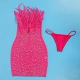 WHOLESALE | Back Zip Up Feather Deco Fake Pearl Dress