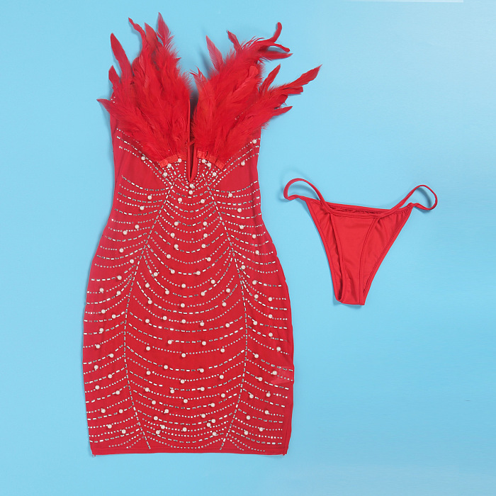 WHOLESALE | Back Zip Up Feather Deco Fake Pearl Dress
