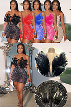 WHOLESALE | Back Zip Up Feather Deco Fake Pearl Dress