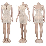 WHOLESALE | Back Zip Up Feather Deco Fake Pearl Dress