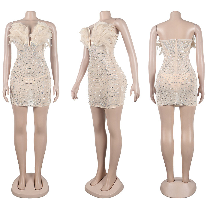 WHOLESALE | Back Zip Up Feather Deco Fake Pearl Dress