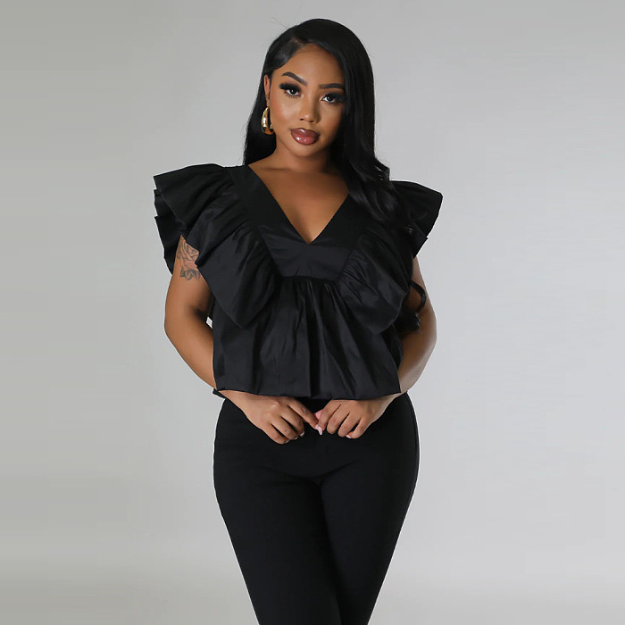 WHOLESALE | V Neck Flare Shoulder Top