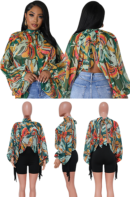 WHOLESALE | Chiffon Bat Top in Green & Orange
