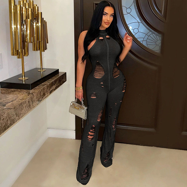 WHOLESALE | Kintted Halter Hollow-out Jumpsuit