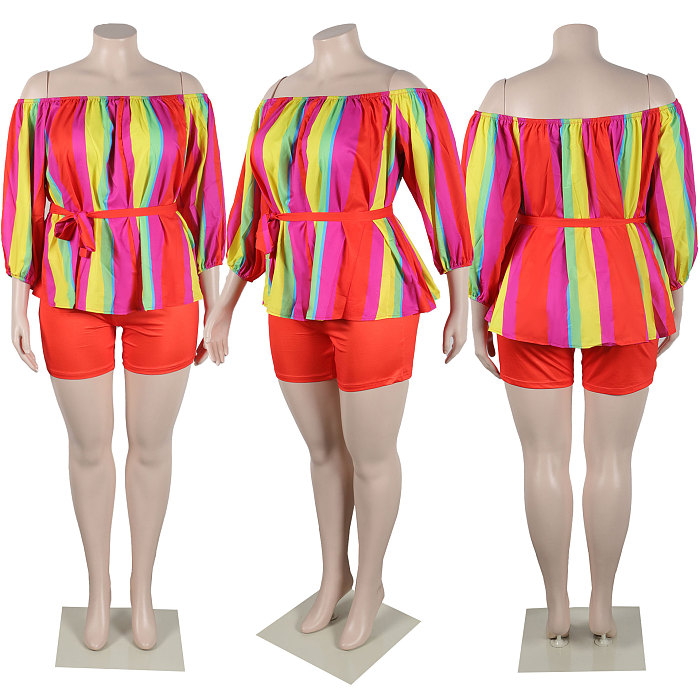 WHOLESALE | Color Bar Off Shoulder Puffy Sleeve Shorts Set