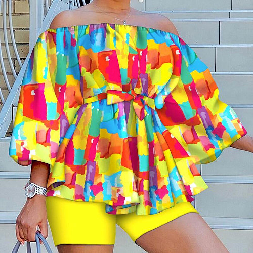 WHOLESALE | Color Block Off Shoulder Puffy Sleeve Shorts Set