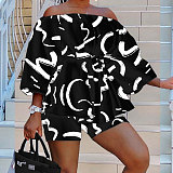 WHOLESALE | White Curve Printed Off Shoulder Puffy Sleeve Shorts Set