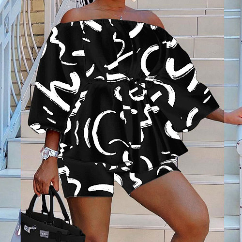 WHOLESALE | White Curve Printed Off Shoulder Puffy Sleeve Shorts Set