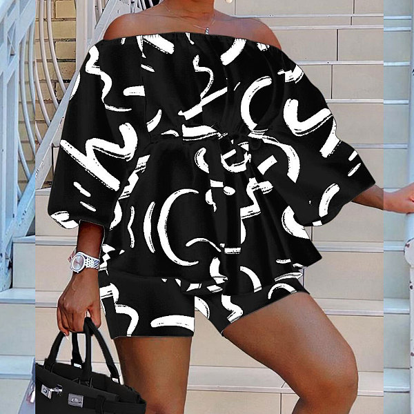 WHOLESALE | White Curve Printed Off Shoulder Puffy Sleeve Shorts Set
