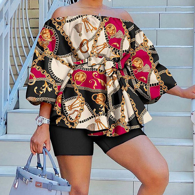 WHOLESALE | Chain Printed Off Shoulder Puffy Sleeve Shorts Set