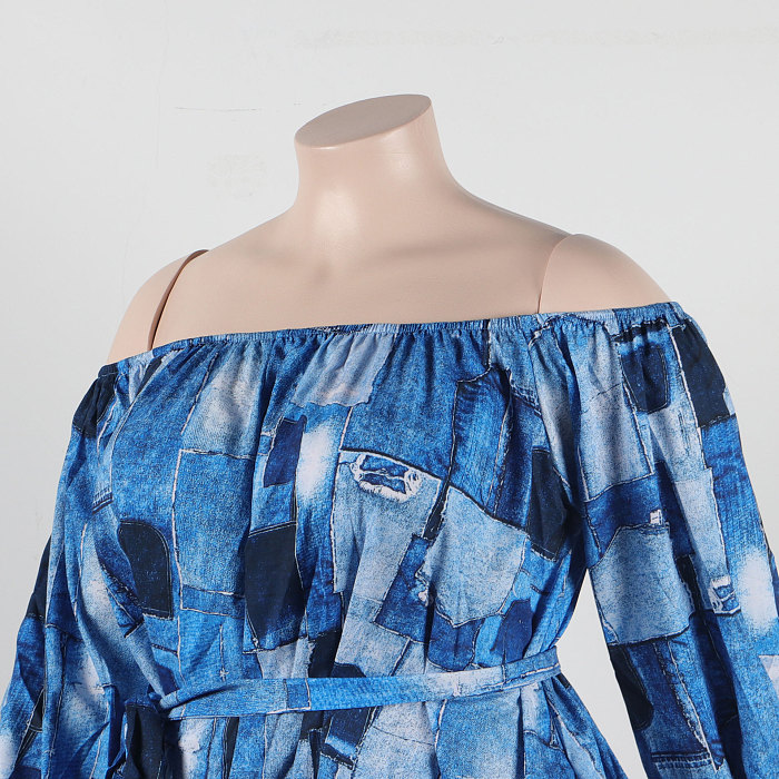 WHOLESALE | Blue Block Off Shoulder Puffy Sleeve Shorts Set
