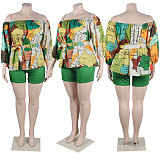 WHOLESALE | Map Printed Off Shoulder Puffy Sleeve Shorts Set