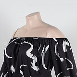 WHOLESALE | White Curve Printed Off Shoulder Puffy Sleeve Shorts Set