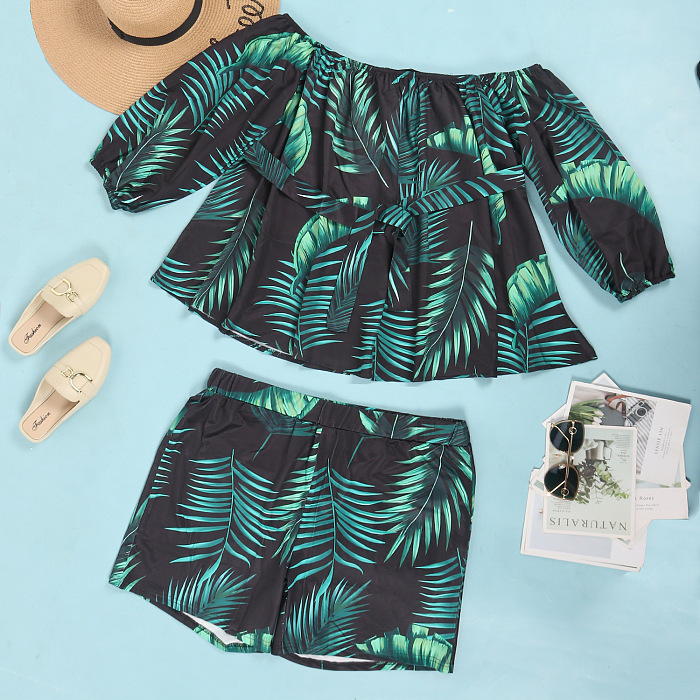 WHOLESALE | Leaf Printed Off Shoulder Puffy Sleeve Shorts Set