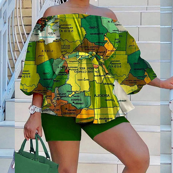 WHOLESALE | Map Printed Off Shoulder Puffy Sleeve Shorts Set