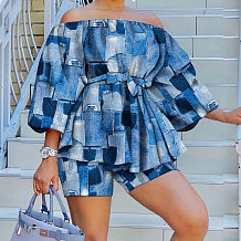 WHOLESALE | Blue Block Off Shoulder Puffy Sleeve Shorts Set