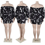 WHOLESALE | White Curve Printed Off Shoulder Puffy Sleeve Shorts Set