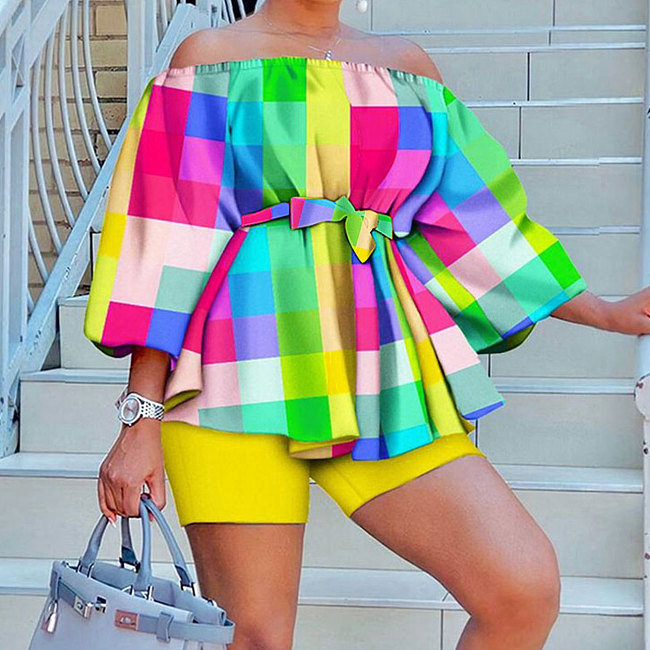 WHOLESALE | Color Block Off Shoulder Puffy Sleeve Shorts Set