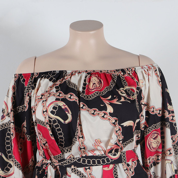 WHOLESALE | Chain Printed Off Shoulder Puffy Sleeve Shorts Set
