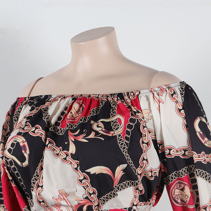 WHOLESALE | Chain Printed Off Shoulder Puffy Sleeve Shorts Set