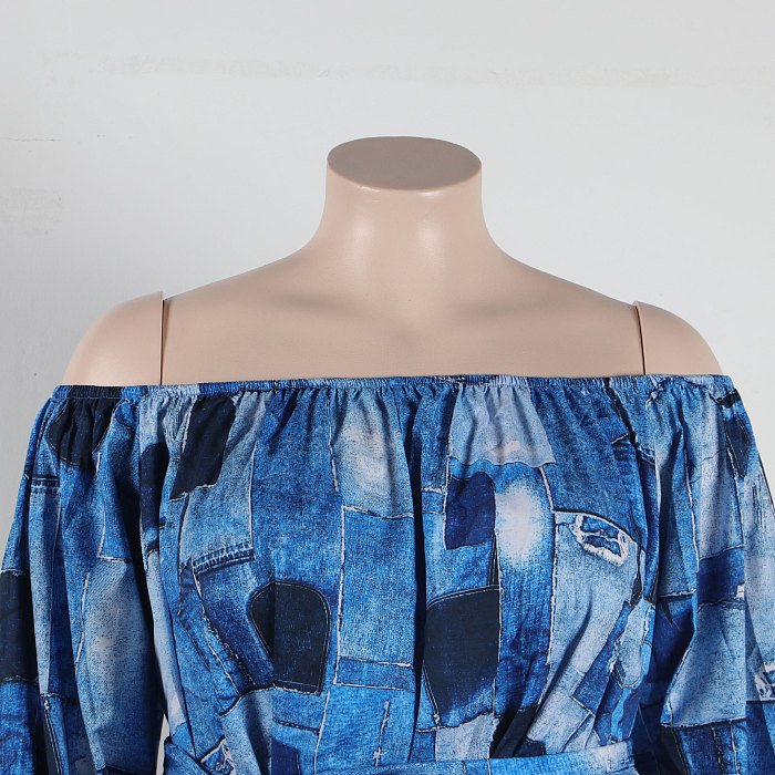 WHOLESALE | Blue Block Off Shoulder Puffy Sleeve Shorts Set