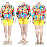 WHOLESALE | Color Block Off Shoulder Puffy Sleeve Shorts Set
