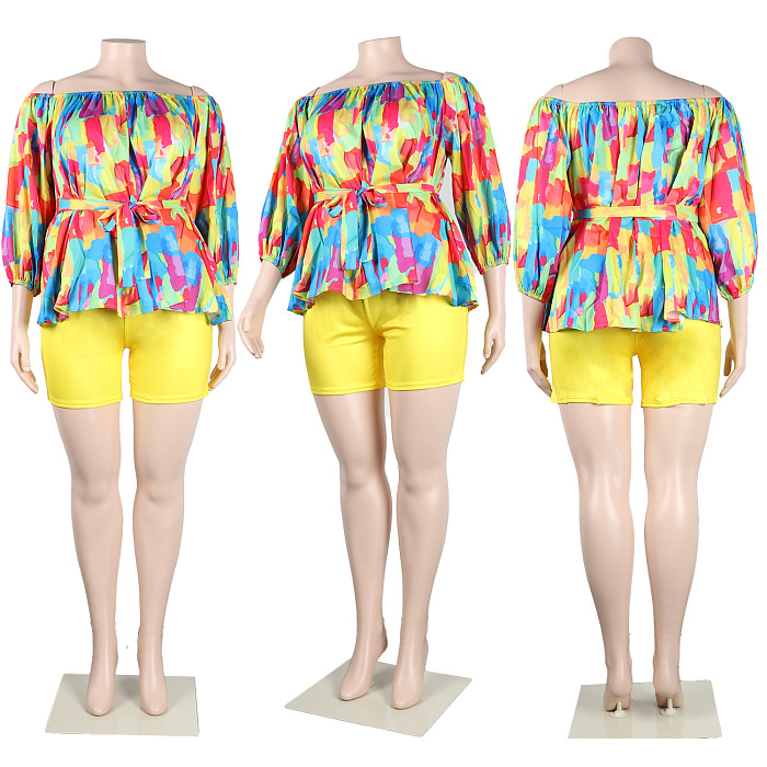 WHOLESALE | Color Block Off Shoulder Puffy Sleeve Shorts Set