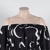 WHOLESALE | White Curve Printed Off Shoulder Puffy Sleeve Shorts Set