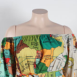 WHOLESALE | Map Printed Off Shoulder Puffy Sleeve Shorts Set