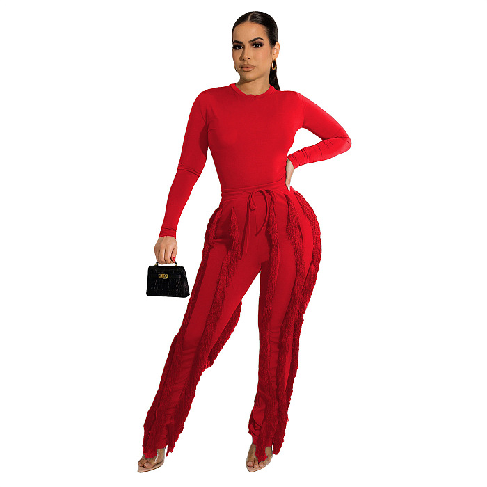 WHOLESALE | Sexy Tassel Fringe Two-Piece Set for Women Long Sleeve O-Neck pants bodysuit Top and pants