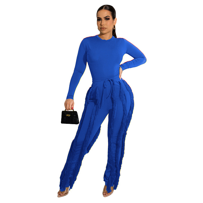 WHOLESALE | Sexy Tassel Fringe Two-Piece Set for Women Long Sleeve O-Neck pants bodysuit Top and pants
