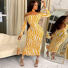 WHOLESALE | Zebra Off-shoulder Long Sleeve Dress
