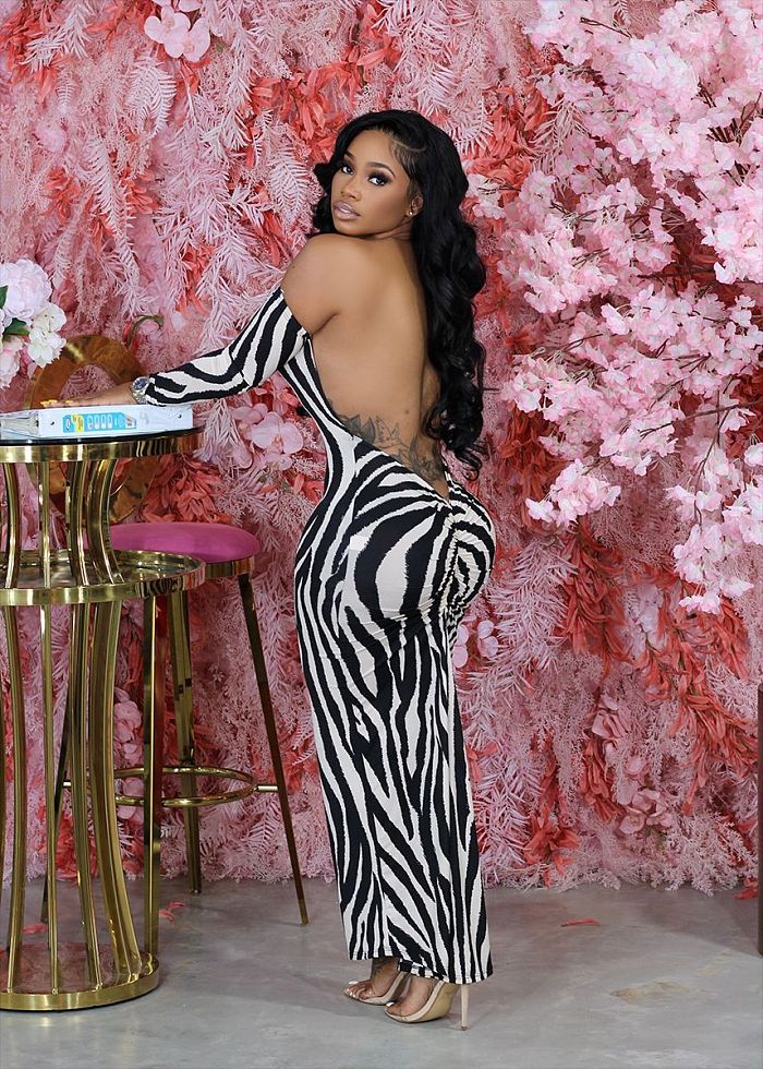 WHOLESALE | Zebra Off-shoulder Open-back Long Dress