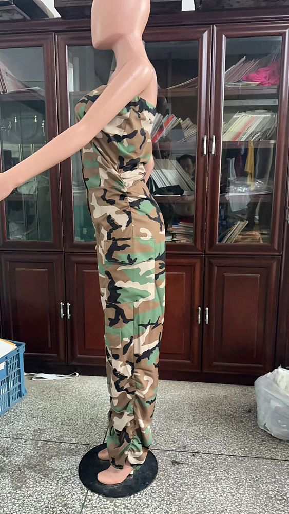 WHOLESALE | Camo Off Shoulder Half Button Up Jumpsuit