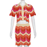 WHOLESALE | Warm Colors Knitted Wave Hem Skirt Set in Orange