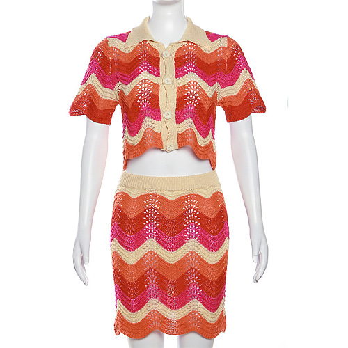 WHOLESALE | Warm Colors Knitted Wave Hem Skirt Set in Orange