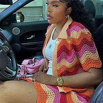 WHOLESALE | Warm Colors Knitted Wave Hem Skirt Set in Orange