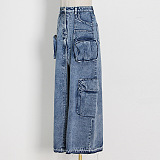 WHOLESALE | Patchwork Pockets Front Split Skirt