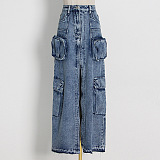 WHOLESALE | Patchwork Pockets Front Split Skirt