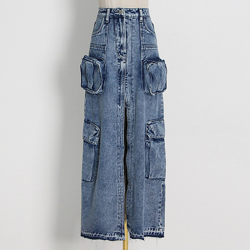 WHOLESALE | Patchwork Pockets Front Split Skirt