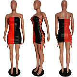 WHOLESALE | PU Two Tones Side Drawstring Dress