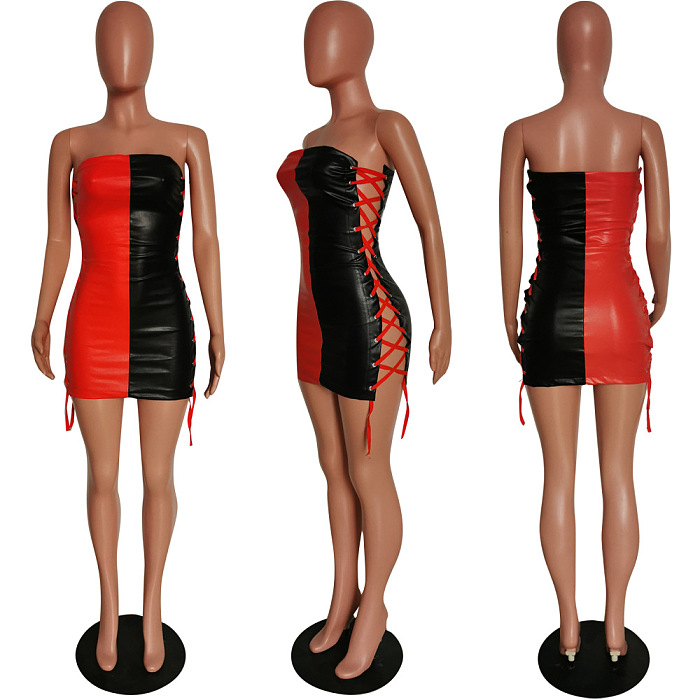 WHOLESALE | PU Two Tones Side Drawstring Dress