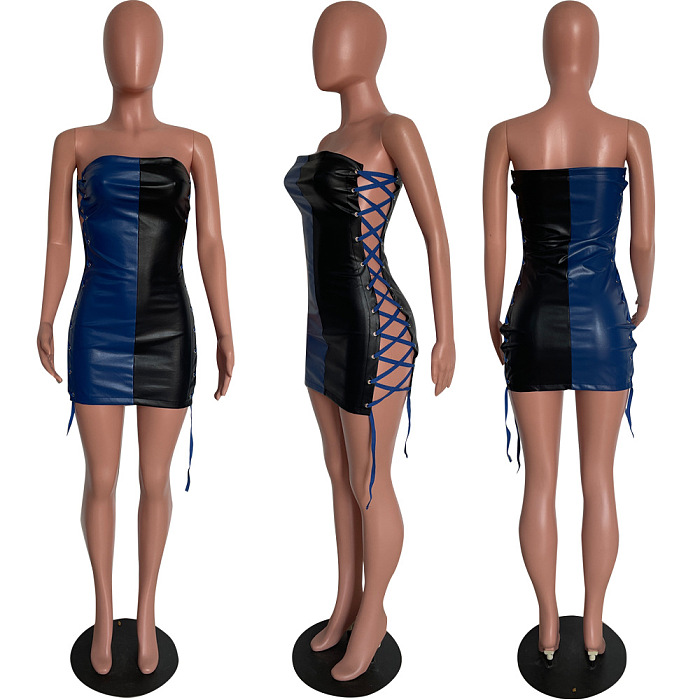 WHOLESALE | PU Two Tones Side Drawstring Dress