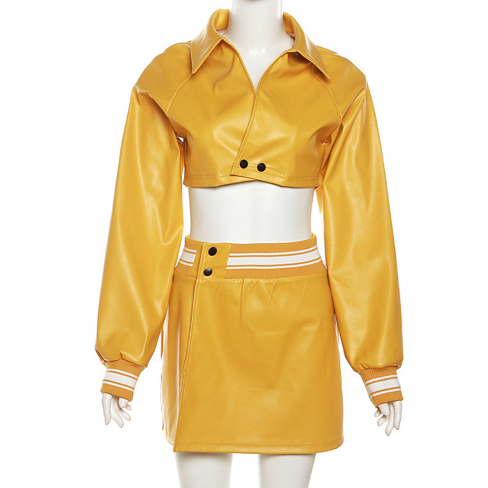 WHOLESALE | Pu Material Button Blouse Skirt Set
