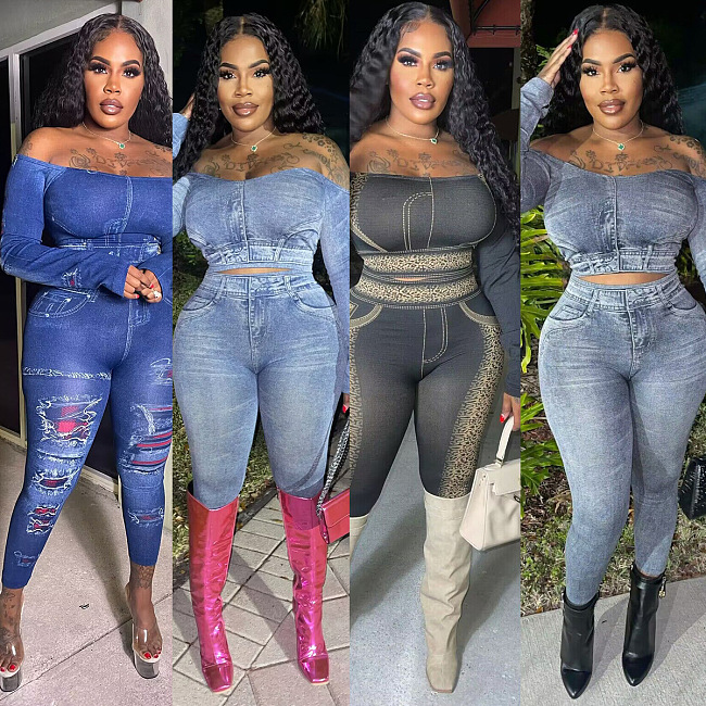 WHOLESALE | Digital Printed Fake Jeans Pants Set