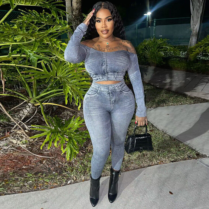 WHOLESALE | Digital Printed Fake Jeans Pants Set