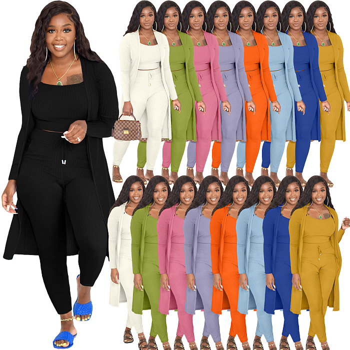 WHOELSALE | Pit Material 3-piece Tank Top Long Coat Self-time Leggings