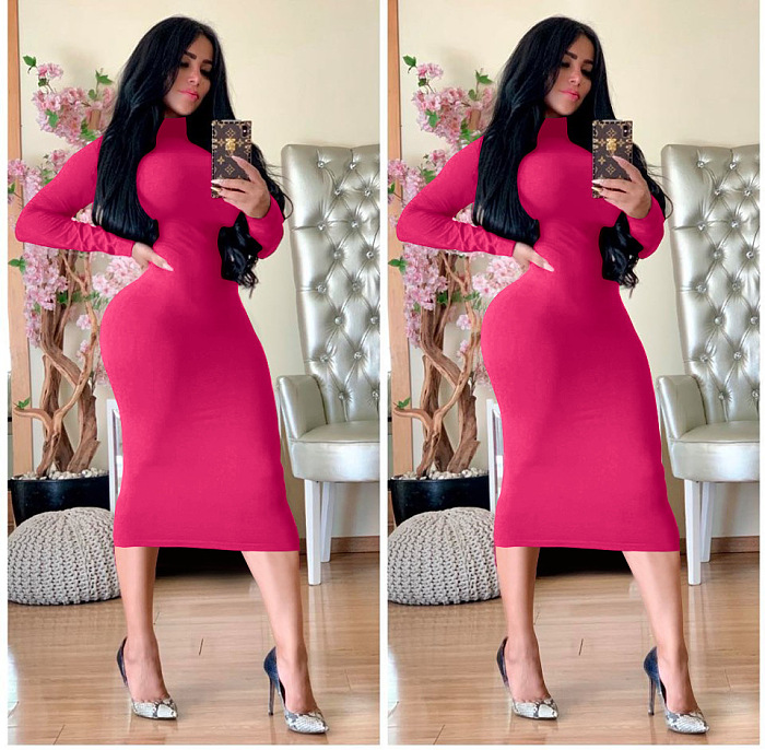 WHOELSALE | Turtle Neck Long Dress in Solid Color