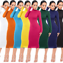 WHOELSALE | Turtle Neck Long Dress in Solid Color